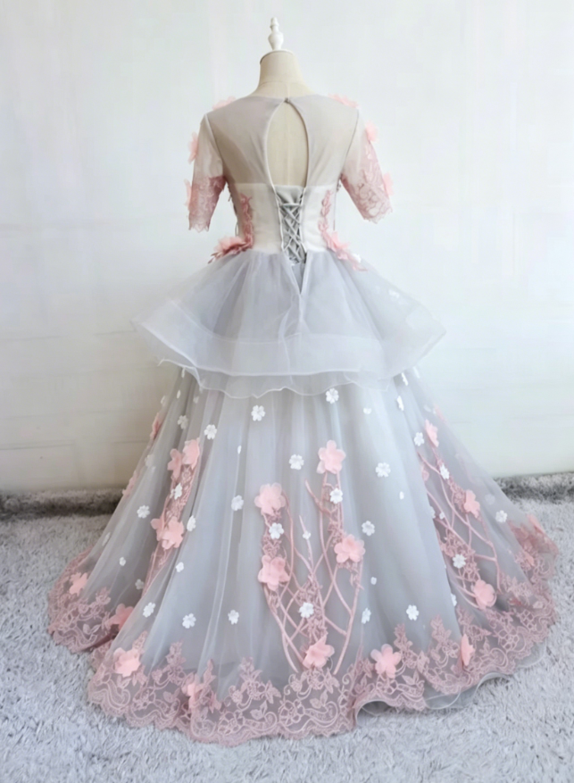Elegant Jewel Neck Floral Ball Gown Ruffles Appliques Sweet 16 Dresses C8363