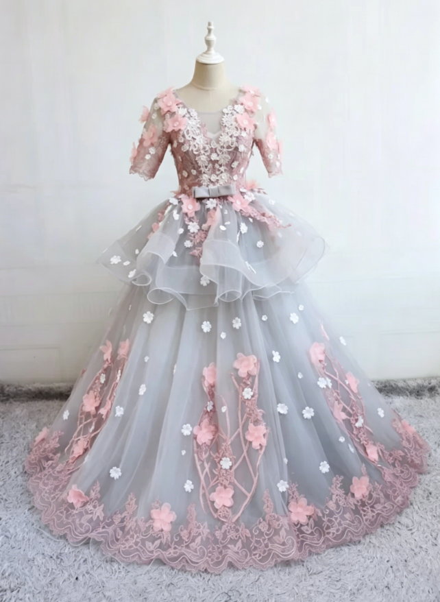 Elegant Jewel Neck Floral Ball Gown Ruffles Appliques Sweet 16 Dresses C8363