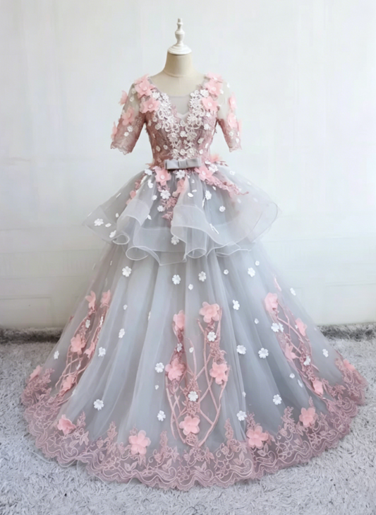 Elegant Jewel Neck Floral Ball Gown Ruffles Appliques Sweet 16 Dresses C8363