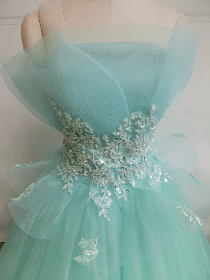 Retro Streapless Green Ball Gown Appliques Tulle Sweet 16 Dresses C8364