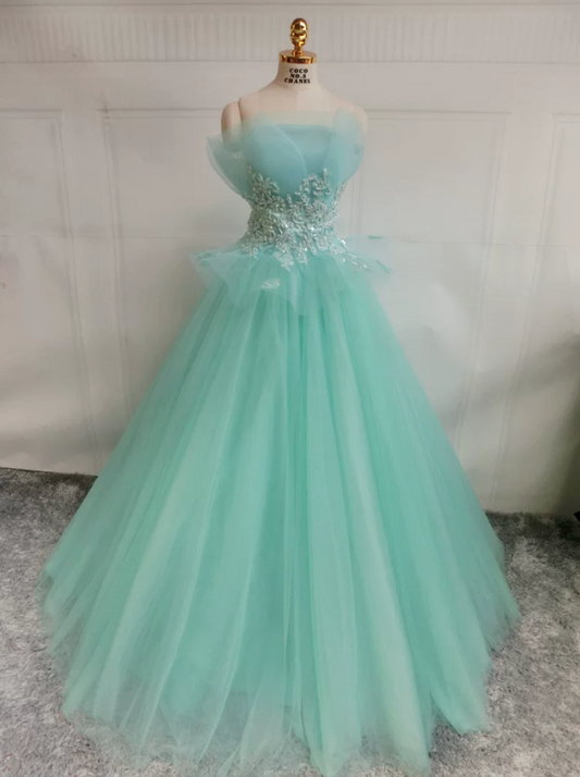 Retro Streapless Green Ball Gown Appliques Tulle Sweet 16 Dresses C8364