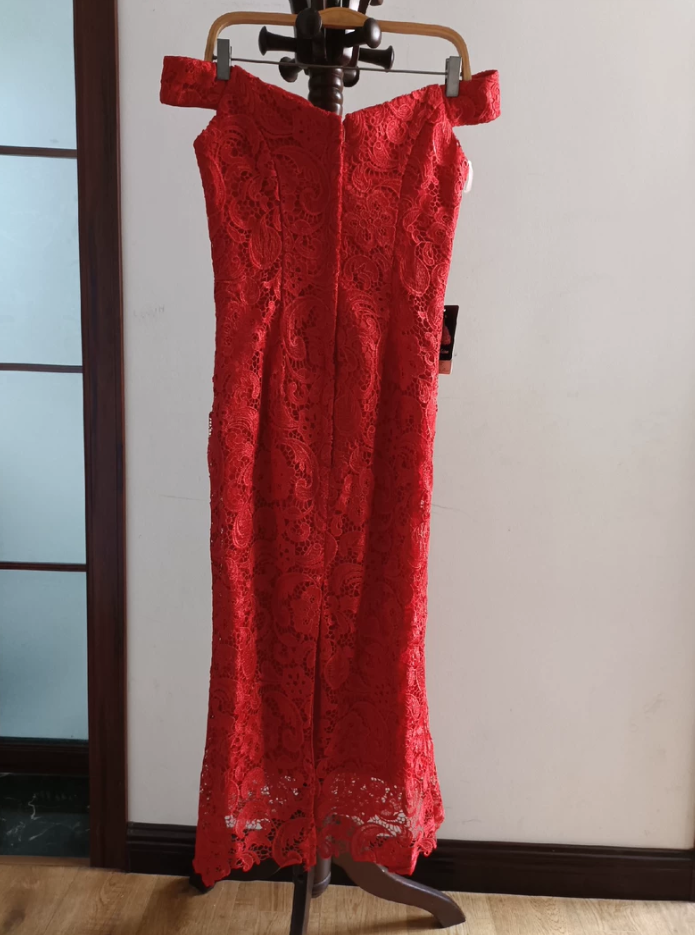 Charming Off-Shoulder Red Prom Dress Lace Sheath Formal Dress C8365