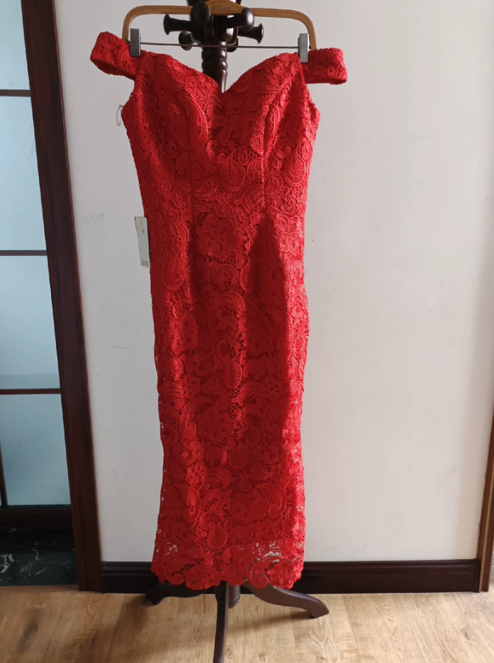 Charming Off-Shoulder Red Prom Dress Lace Sheath Formal Dress C8365