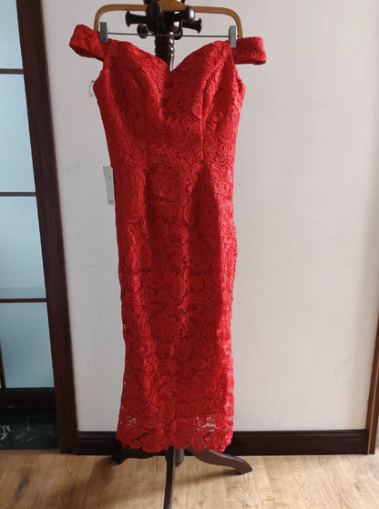 Charming Off-Shoulder Red Prom Dress Lace Sheath Formal Dress C8365