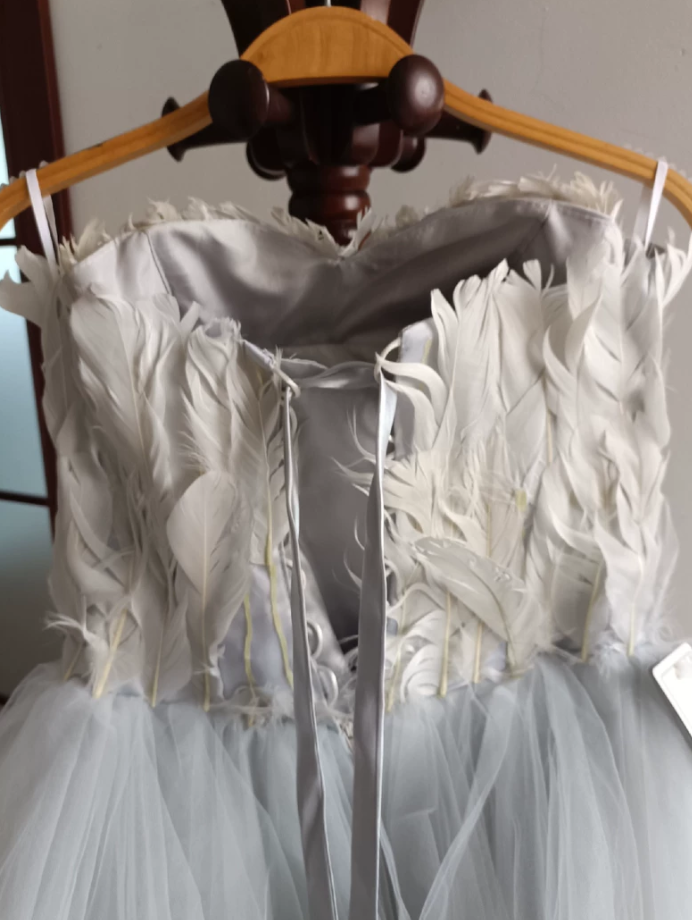 Romantic Strapless White Homecoming Dress Feather A-Line Tulle Birthday Dress C8368