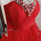 Sexy Red Beaded Homecoming Dress Ruffles Tulle A-Line Tulle Birthday Dress C8370