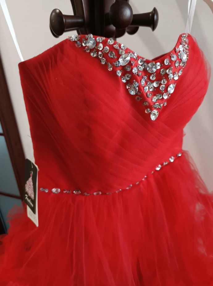 Sexy Red Beaded Homecoming Dress Ruffles Tulle A-Line Tulle Birthday Dress C8370