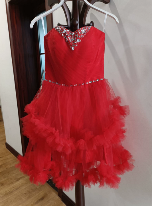 Sexy Red Beaded Homecoming Dress Ruffles Tulle A-Line Tulle Birthday Dress C8370