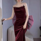 Robe de bal longue en velours bordeaux à bretelles sirène sexy C837