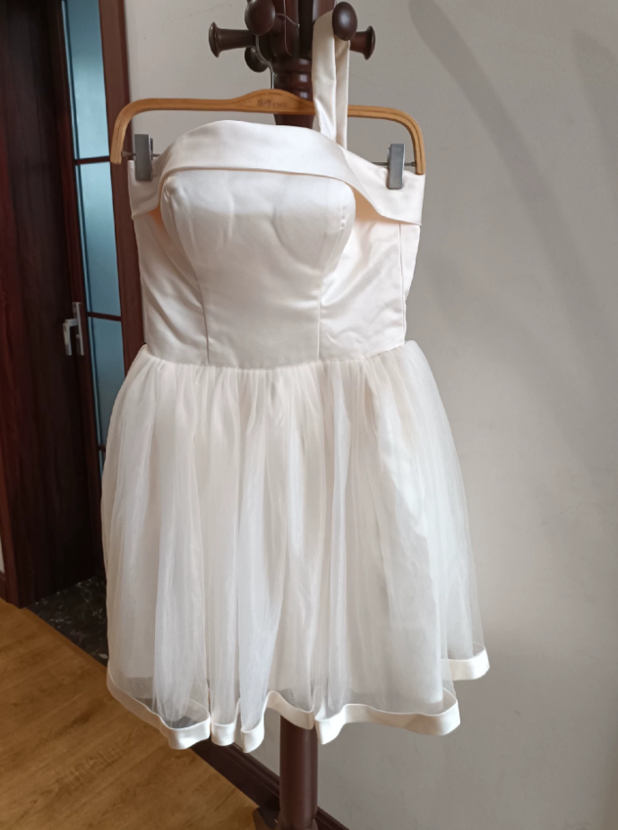 Elegant Strapless Ivory Homecoming Dress Satin A-Line Tulle Birthday Dress C8385