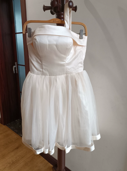 Elegant Strapless Ivory Homecoming Dress Satin A-Line Tulle Birthday Dress C8385