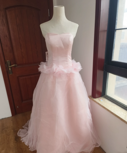 Elegant Strapless Pink Prom Dress Tulle Appliques A-Line Formal Dress C8402
