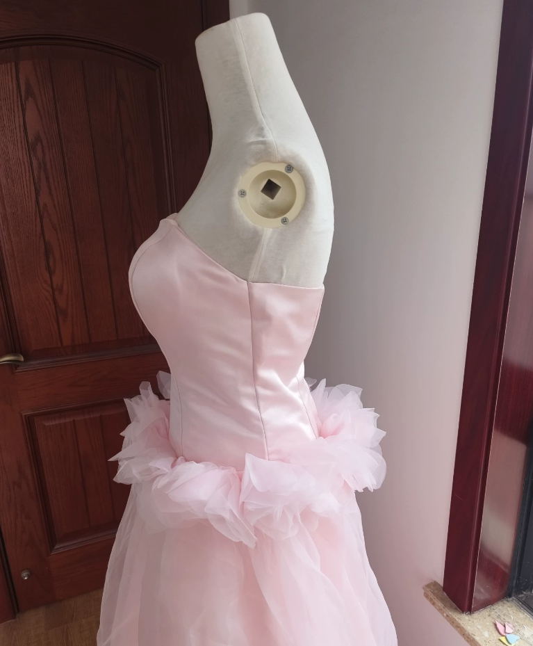 Elegant Strapless Pink Prom Dress Tulle Appliques A-Line Formal Dress C8402