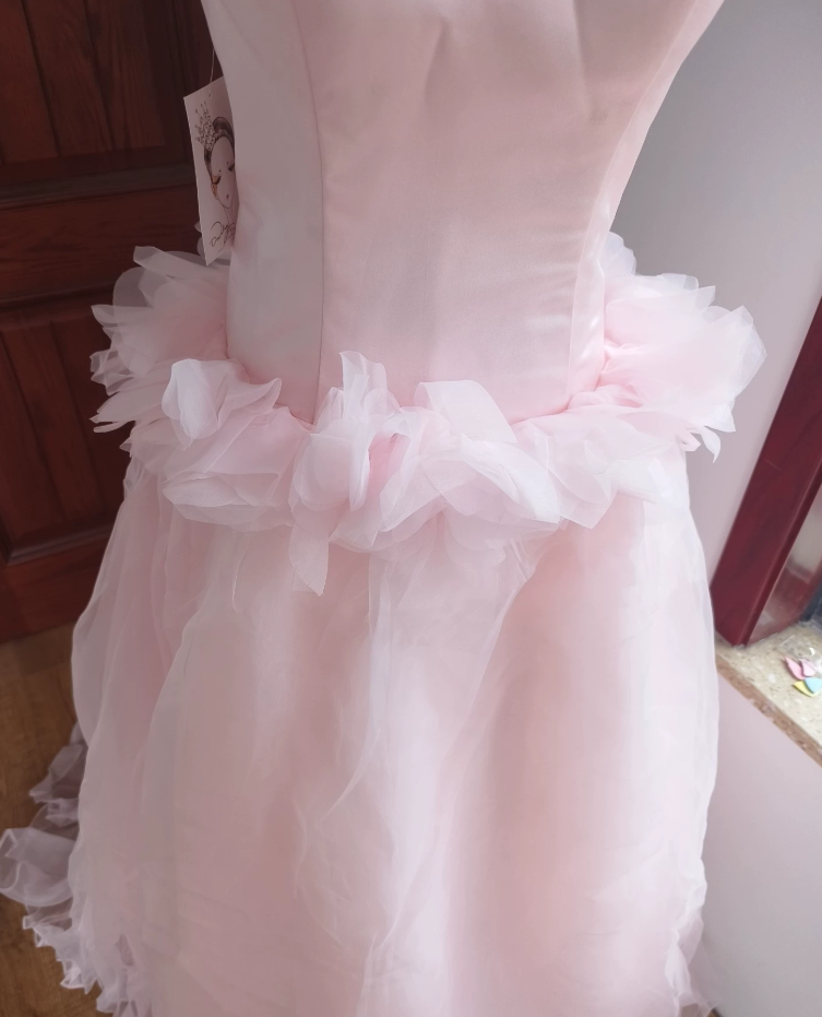 Elegant Strapless Pink Prom Dress Tulle Appliques A-Line Formal Dress C8402