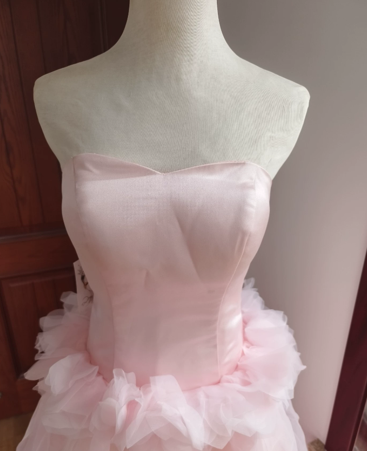 Elegant Strapless Pink Prom Dress Tulle Appliques A-Line Formal Dress C8402