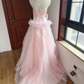 Elegant Strapless Pink Prom Dress Tulle Appliques A-Line Formal Dress C8402