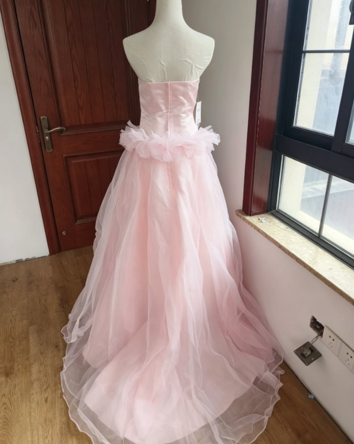 Elegant Strapless Pink Prom Dress Tulle Appliques A-Line Formal Dress C8402