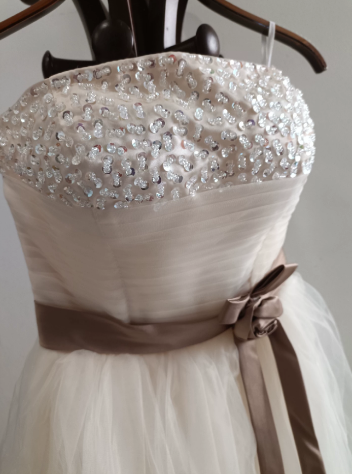 Charming Strapless Pastel Champagne Homecoming Dress Sequins Tulle Birthday Dress C8403