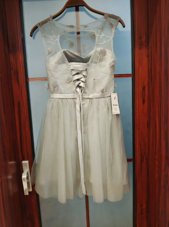 Trendy Jewel Neck Grey Homecoming Dress Appliques Tulle Birthday Dress C8408