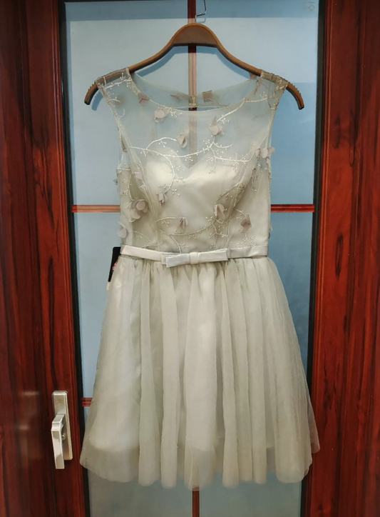 Trendy Jewel Neck Grey Homecoming Dress Appliques Tulle Birthday Dress C8408
