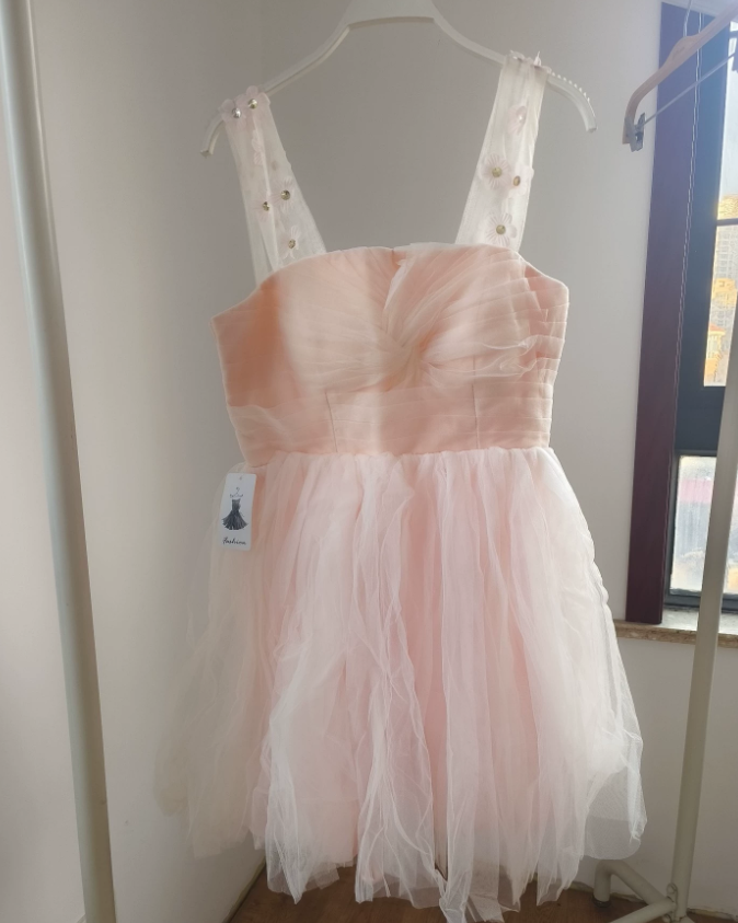 Lovely A-Line Pink Homecoming Dress Tulle Beaded Straps Birthday Dress C8410