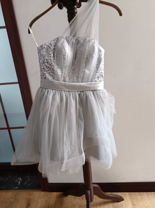 Retro One Shoulder Silver Homecoming Dress Sequins A-Line Tulle Birthday Dress C8411