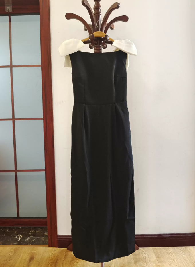 Modern Slit Black Prom Dress Bows Sheath Formal Dress C8412