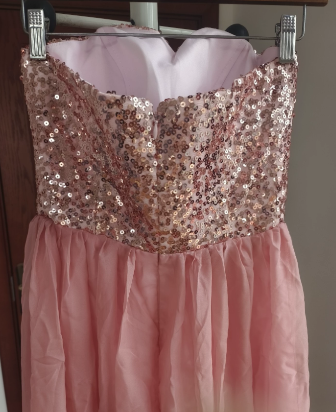 Glittering Strapless Pink Prom Dress Sequins A-Line Slit Formal Dress C8413
