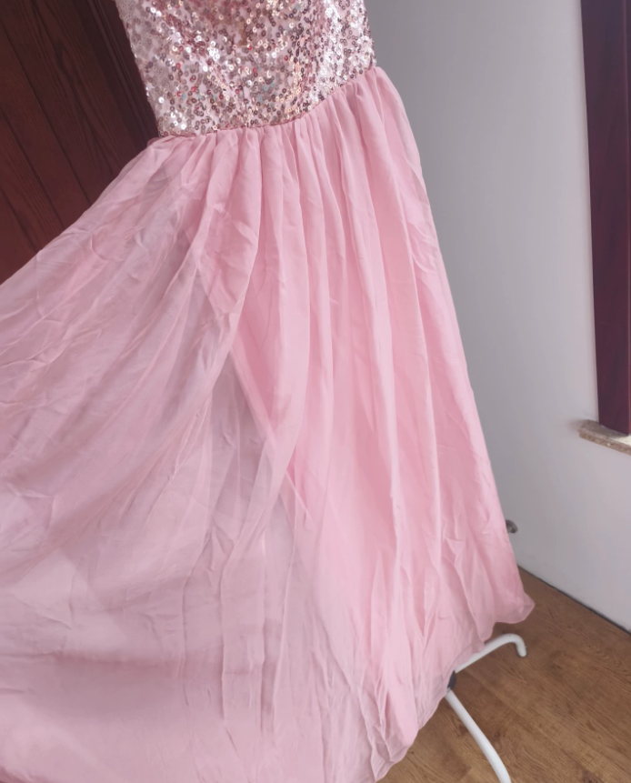 Glittering Strapless Pink Prom Dress Sequins A-Line Slit Formal Dress C8413