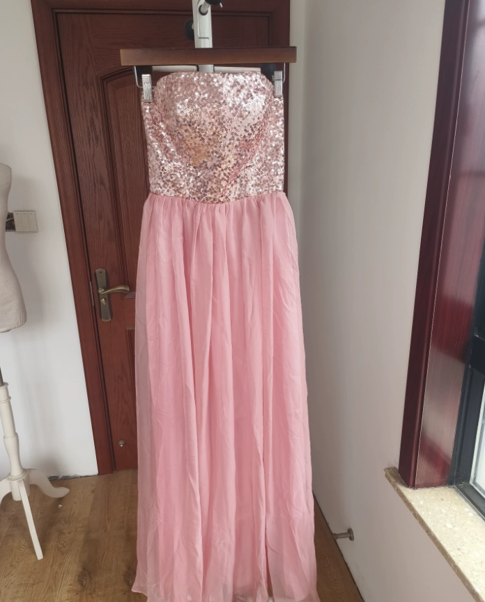 Glittering Strapless Pink Prom Dress Sequins A-Line Slit Formal Dress C8413