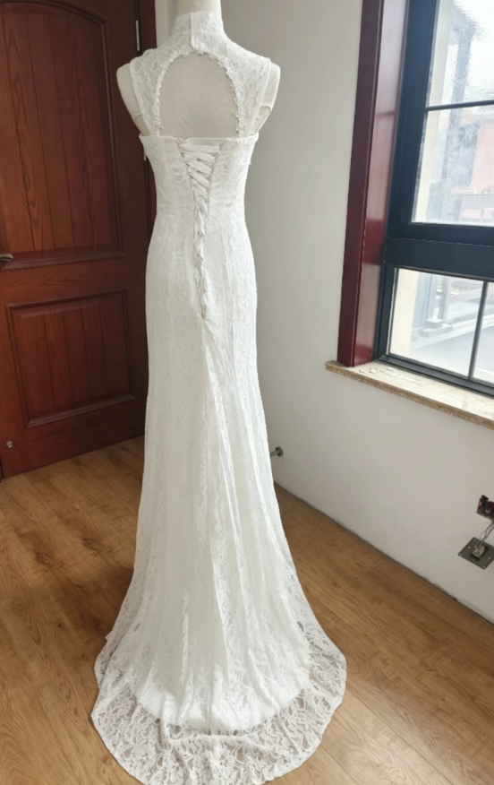 Graceful Cutout Lace White Wedding Dresses Appliques Sequins Mermaid Bridal Dress C8416