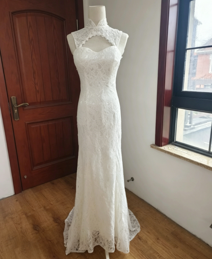 Graceful Cutout Lace White Wedding Dresses Appliques Sequins Mermaid Bridal Dress C8416