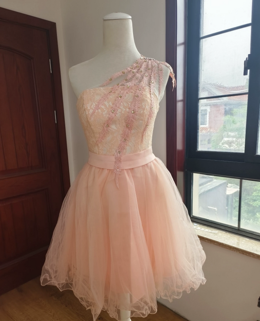 Trendy One Shoulder Pink Homecoming Dress Lace Appliques A-Line Birthday Dress C8417