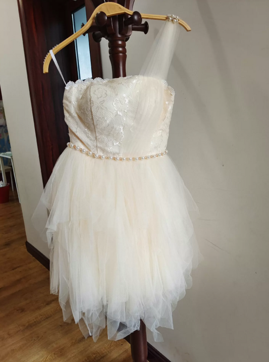 Vintage One Shoulder Ivory Homecoming Dress Lace Beads A-Line Birthday Dress C8419