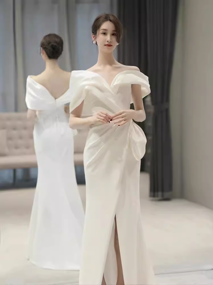 Fairytale Mermaid Off The Shoulder White Long Satin Wedding Dresses C841