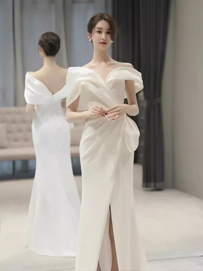 Fairytale Mermaid Off The Shoulder White Long Satin Wedding Dresses C841