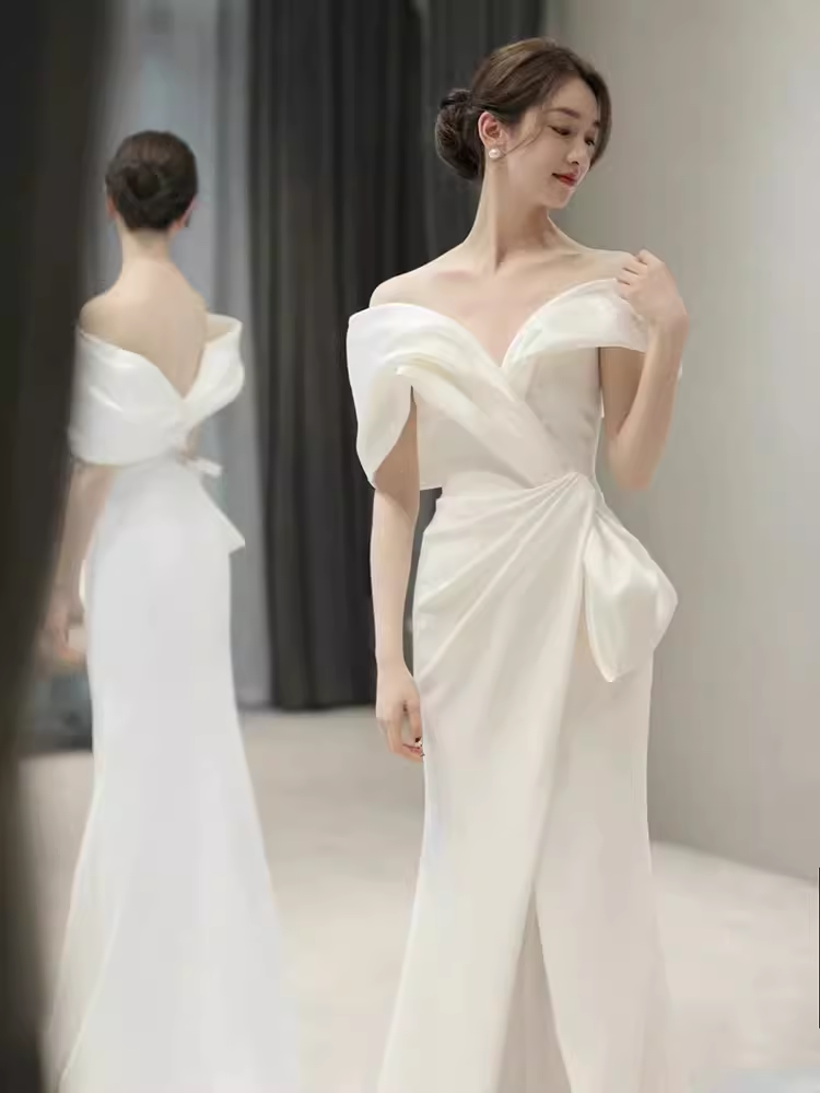 Fairytale Mermaid Off The Shoulder White Long Satin Wedding Dresses C841
