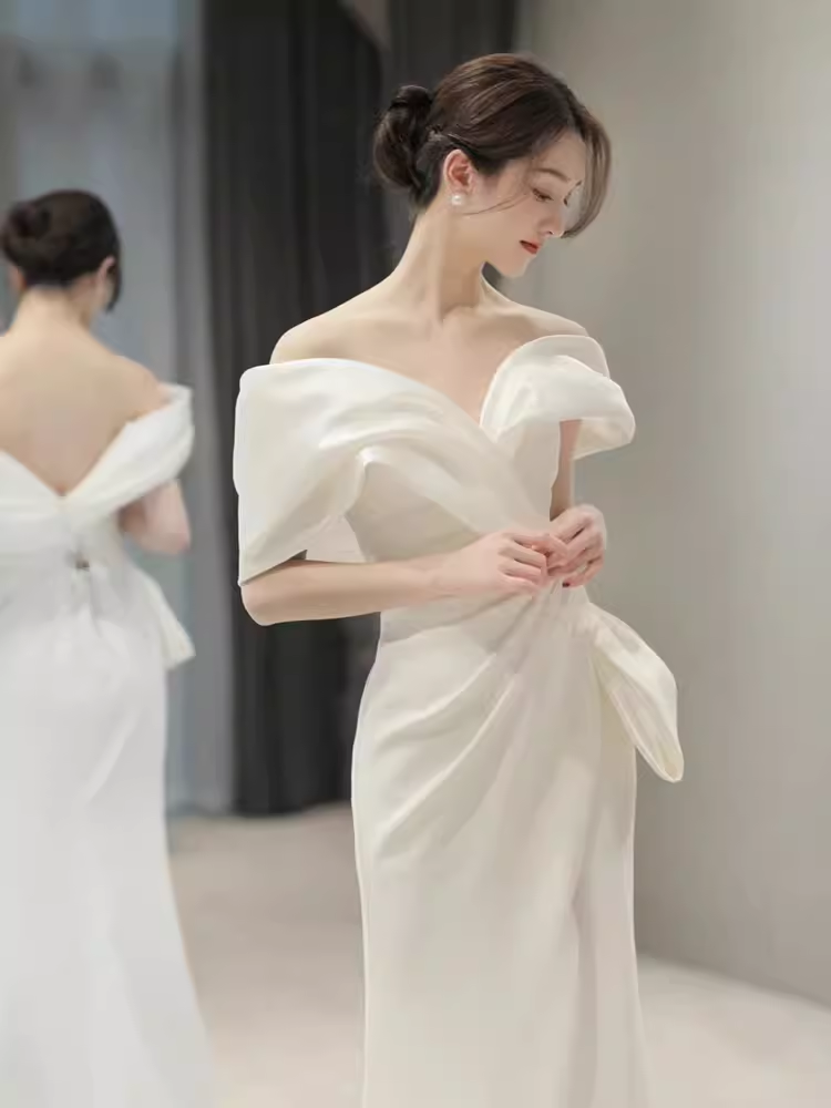 Fairytale Mermaid Off The Shoulder White Long Satin Wedding Dresses C841