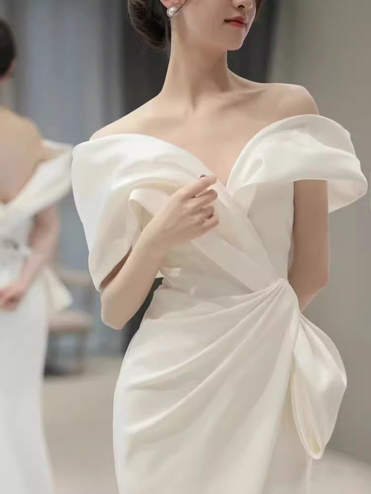Fairytale Mermaid Off The Shoulder White Long Satin Wedding Dresses C841
