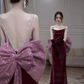 Robe de bal longue en velours bordeaux à bretelles sirène sexy C837