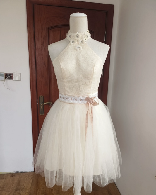 Charming Halter Neck Ivory Homecoming Dress Lace Sequins A-Line Birthday Dress C8420
