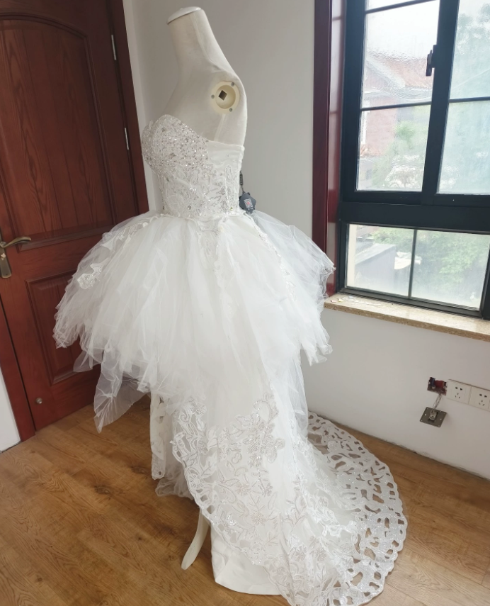 Glam Strapless White Homecoming Dress With Train Sequins A-Line Birthday Dress C8421