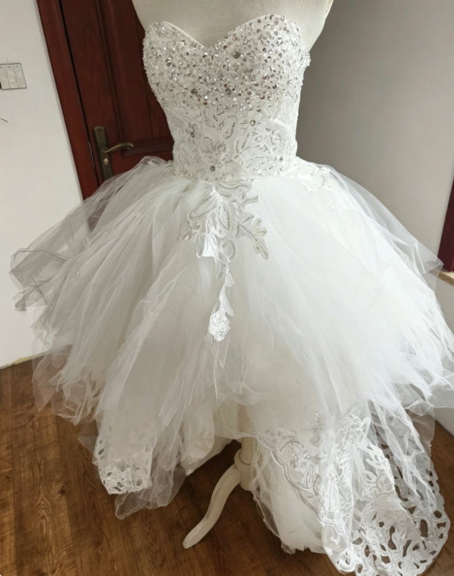 Glam Strapless White Homecoming Dress With Train Sequins A-Line Birthday Dress C8421