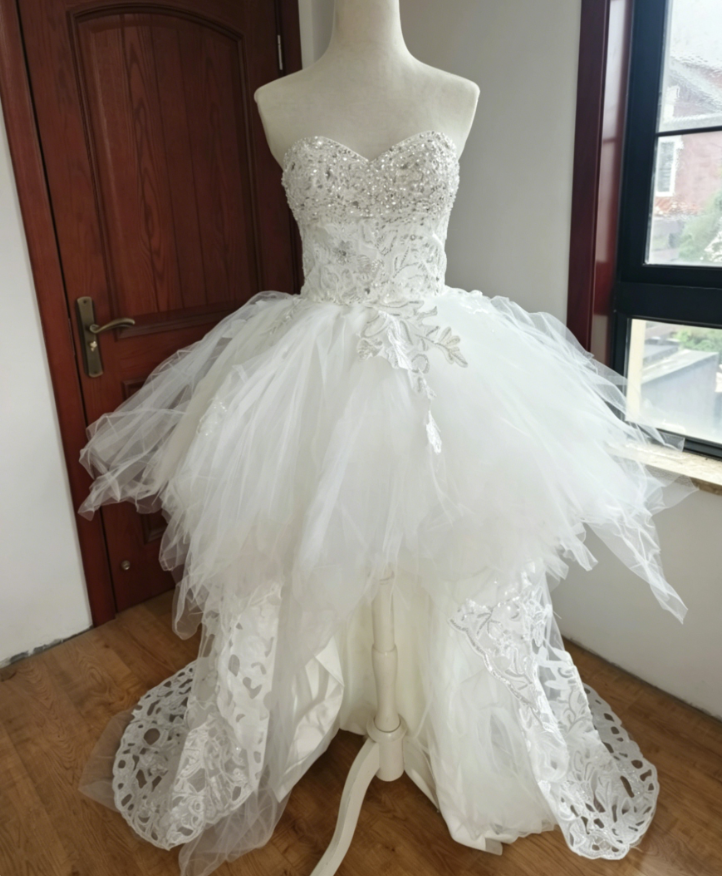 Glam Strapless White Homecoming Dress With Train Sequins A-Line Birthday Dress C8421