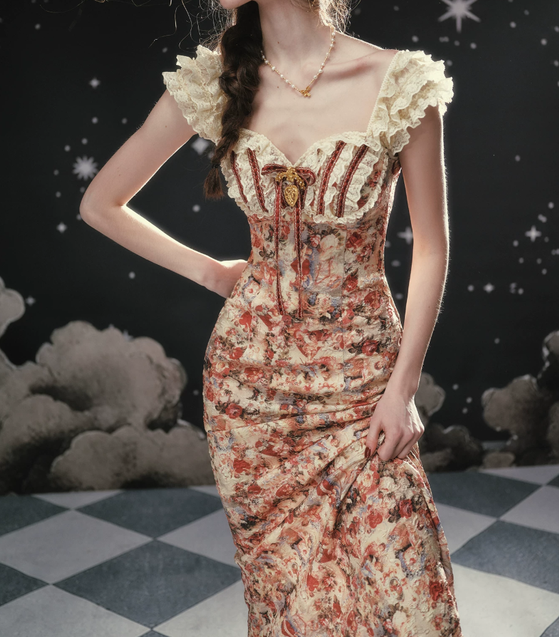 Glamorous Sweetheart Neck Floral Prom Dress Lace Mermaid Formal Dress C8422