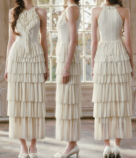 Graceful Halter Neck Ivory Prom Dress Tiered A-Line Lace Formal Dress C8424