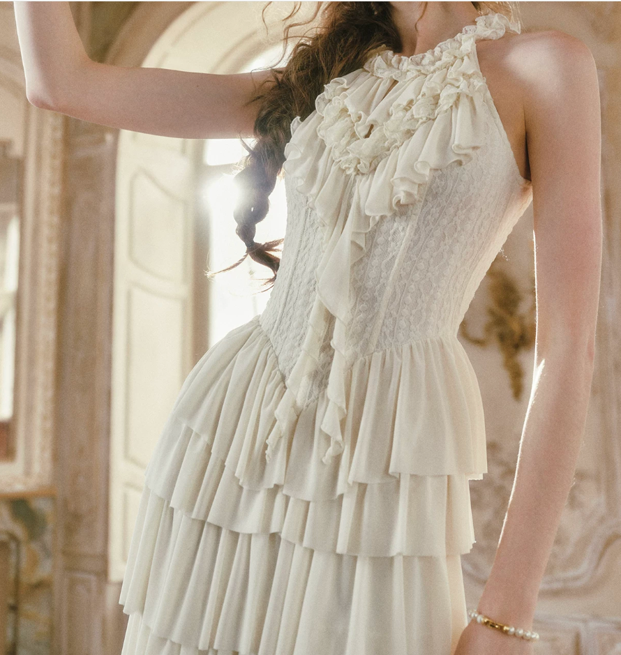 Graceful Halter Neck Ivory Prom Dress Tiered A-Line Lace Formal Dress C8424