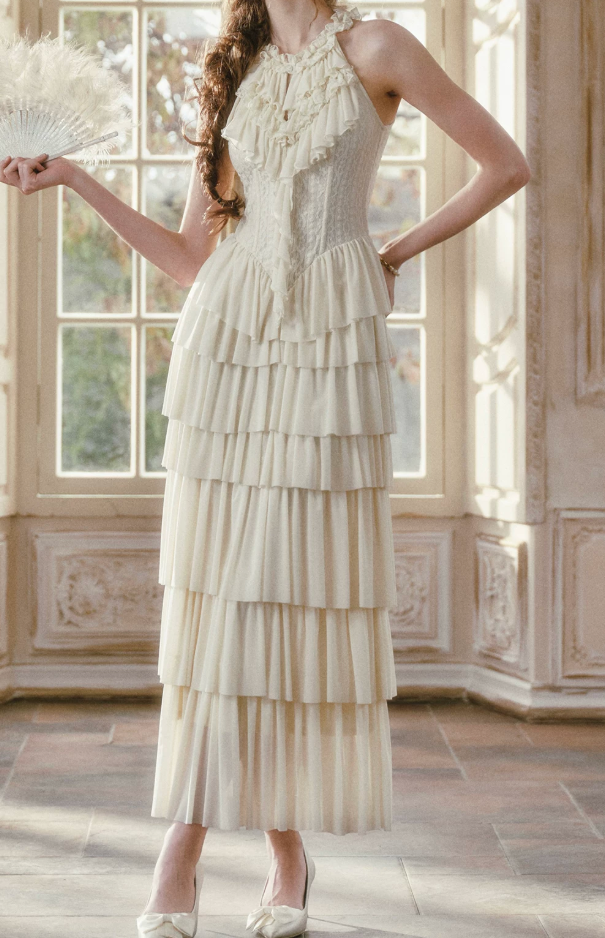 Graceful Halter Neck Ivory Prom Dress Tiered A-Line Lace Formal Dress C8424