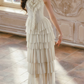 Graceful Halter Neck Ivory Prom Dress Tiered A-Line Lace Formal Dress C8424