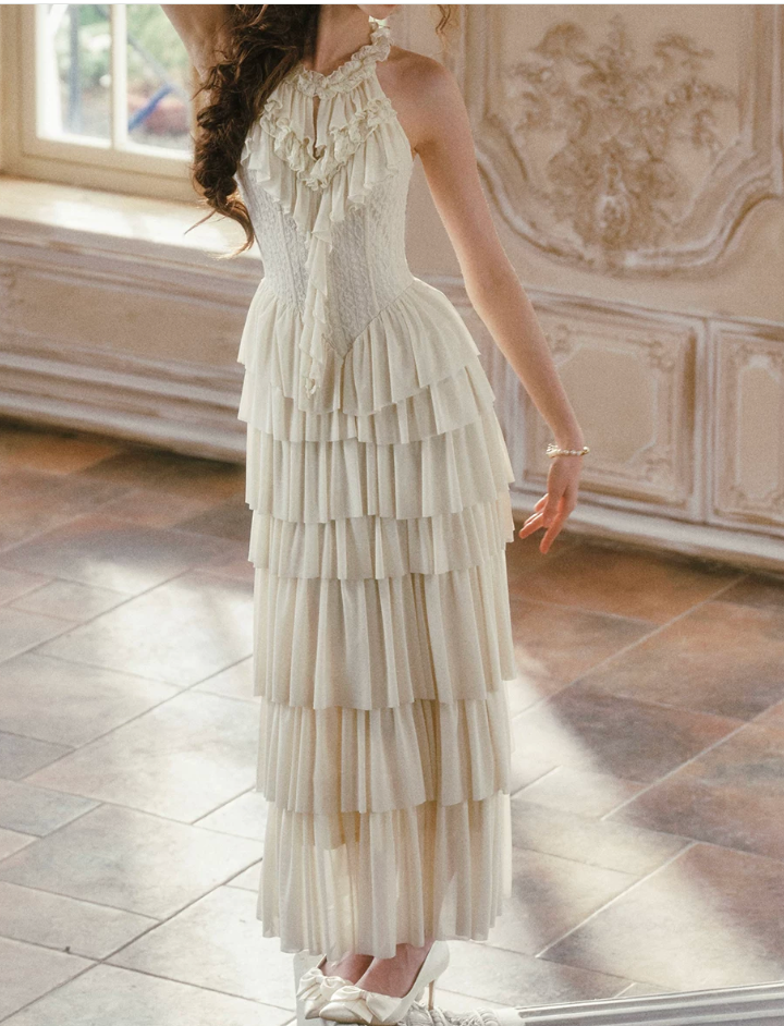 Graceful Halter Neck Ivory Prom Dress Tiered A-Line Lace Formal Dress C8424